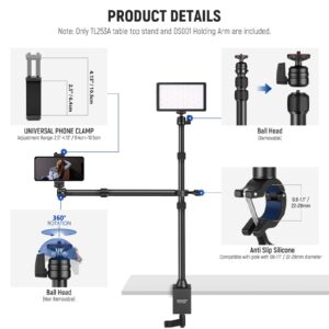 NEEWER Tabletop Overhead Camera Mount Stand with 2 Section Telescopic Extension Arm, Phone Holder, Ball Heads, Screw Adapters, Desk Light Stand for Camera, Phone, Webcam, Ring Light, TL253A+DS001