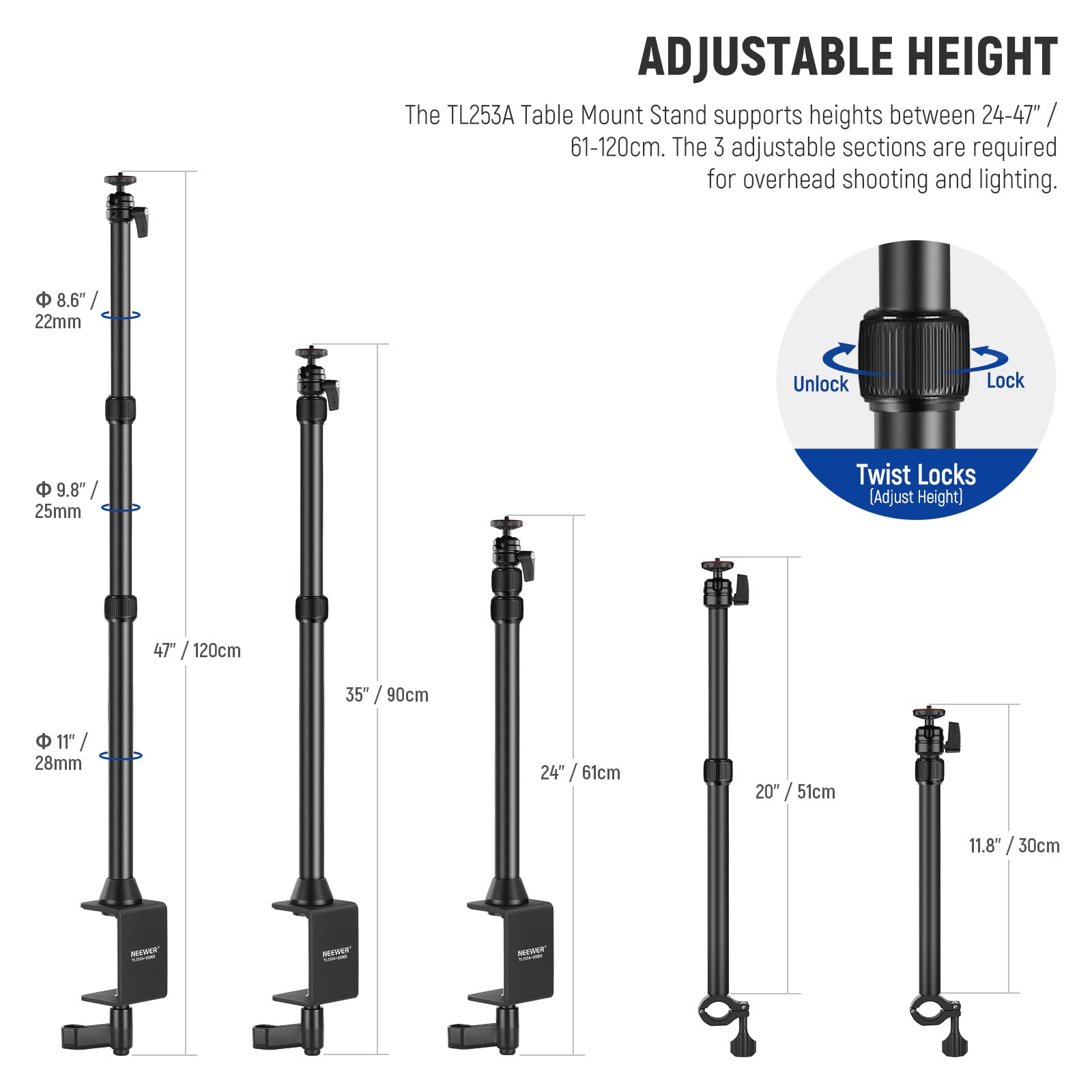 NEEWER Tabletop Overhead Camera Mount Stand with 2 Section Telescopic Extension Arm, Phone Holder, Ball Heads, Screw Adapters, Desk Light Stand for Camera, Phone, Webcam, Ring Light, TL253A+DS001