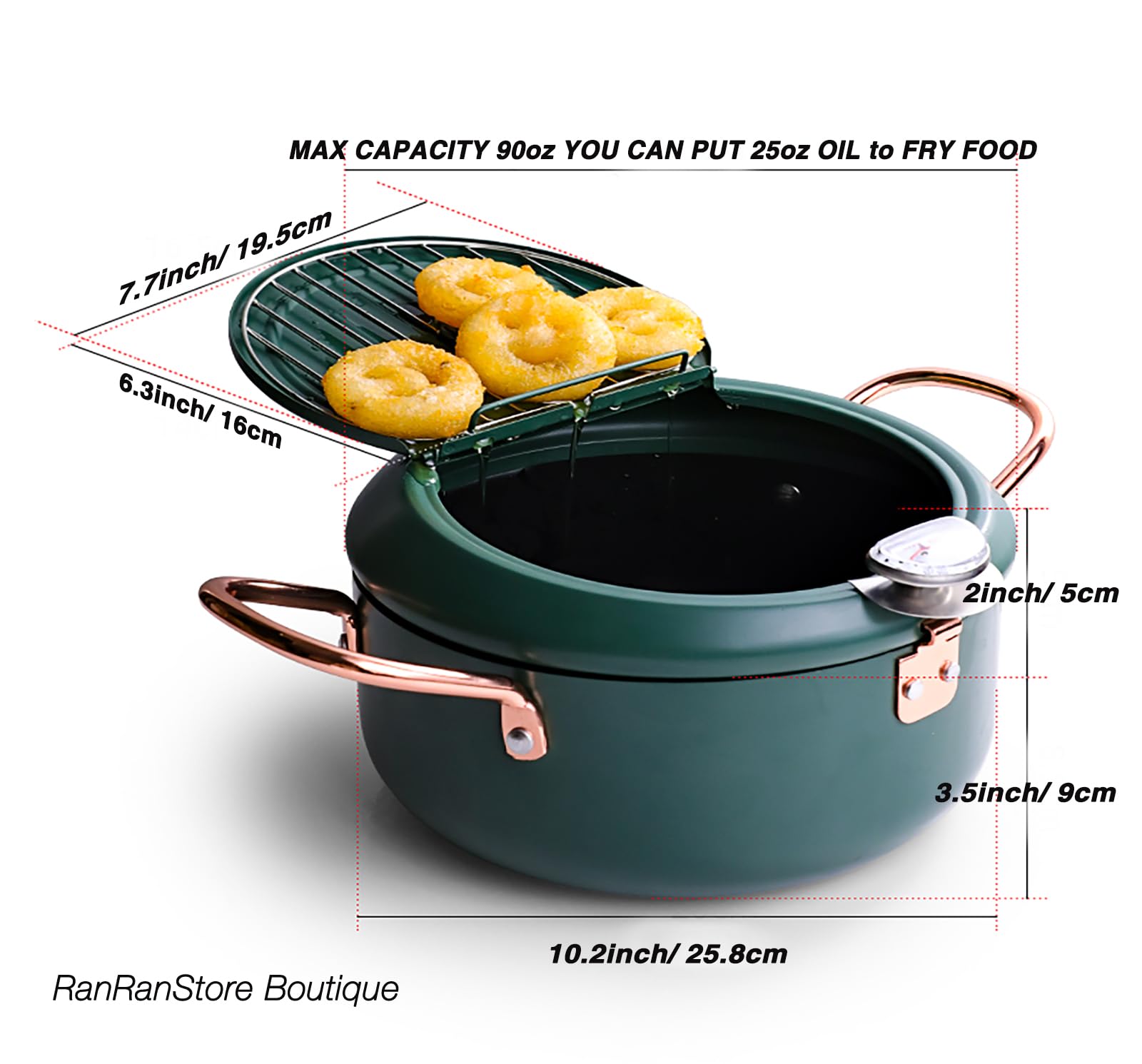 Cyrder Japanese Tempura Deep Fryer Pot with Fahrenheit Thermometer 3.5L- Nonstick Carbon Steel Oil Fryer, Fried Tempura/Chicken/Fish/Shrimp, Easy Clean, Green Big Tempura Pan, 10.2inch