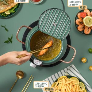 Cyrder Japanese Tempura Deep Fryer Pot with Fahrenheit Thermometer 3.5L- Nonstick Carbon Steel Oil Fryer, Fried Tempura/Chicken/Fish/Shrimp, Easy Clean, Green Big Tempura Pan, 10.2inch