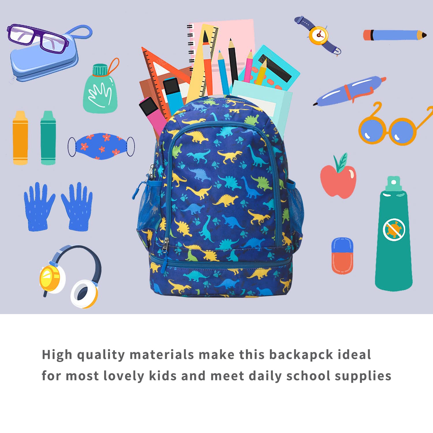 Kids Backpacks for Boys and Girls,Cute Lightweight Bookbag Toddler Preschool Backpack with Insulated Lunch Bag Navy