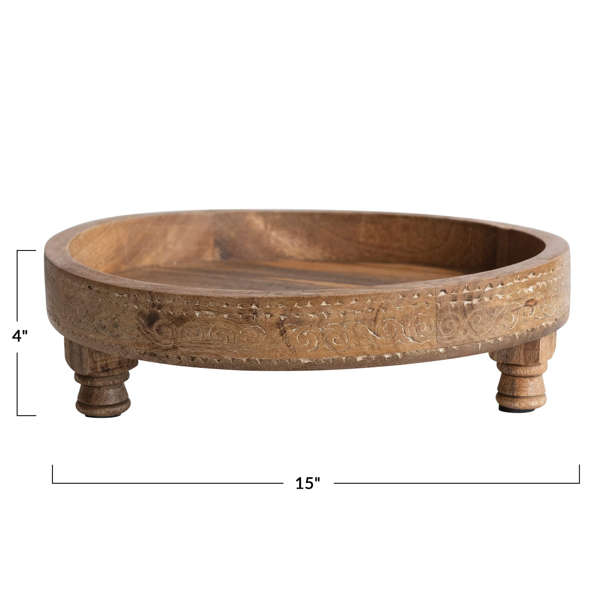 Creative Co-Op Boho Footed Wood Carved Design, Natural Decorative Tray