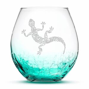 integrity bottles tribal gecko design stemless wine glass, handmade, handblown, hand etched gifts, sand carved, 18oz (crackle sea foam green)