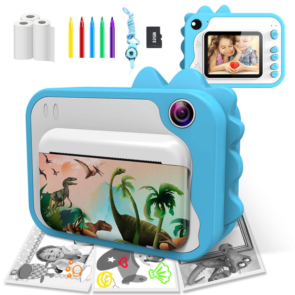 Camera Kids Instant Print USHINING 1080P Instant Camera for Kids Aged 3-12 Ink Free 12MP Print Camera for Kids 2.4 Inch Screen with 32GB SD Card,Color Pens,Print Papers (Blue)