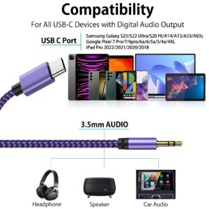 USB C to 3.5mm Audio Aux Jack Cable, 3FT Type C to Aux Headphone Male Cord Car Auxiliary Braided Cable for Samsung Galaxy S24 S23 S22 S21 S20 Ultra Note20 iPad Pro Air Google Pixel 8 Pro 8 7 7 Pro 6a