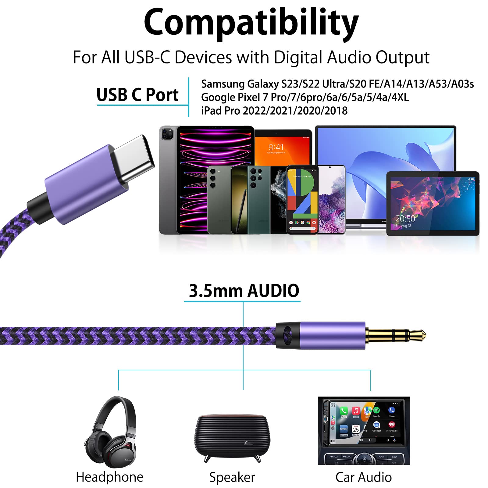 USB C to 3.5mm Audio Aux Jack Cable, 3FT Type C to Aux Headphone Male Cord Car Auxiliary Braided Cable for Samsung Galaxy S24 S23 S22 S21 S20 Ultra Note20 iPad Pro Air Google Pixel 8 Pro 8 7 7 Pro 6a