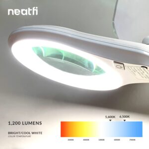 Neatfi (New Model) 1,200 Lumens Super LED Magnifying Lamp with Clamp, 8D, Dimmable, Includes Microfiber Cleaning Cloth, 5 Inch Diameter Lens for Reading, Sewing, Crafting (8 Diopter, White)