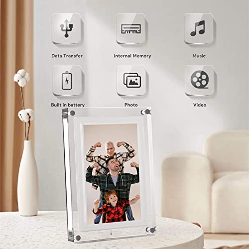 PiPivision 7-inch Digital Picture Frame, Acrylic Video Photo Frame with Auto Rotate Playback, 1GB Internal Memory and 1500mAh Battery, Supports 1024 * 600 Resolution, Ideal Desktop Decorations