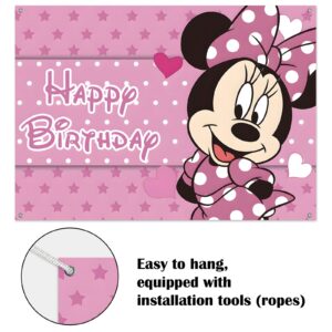 7X5 FT Pink Cartoon Mouse Backdrop Happy Birthday Washable Photography Background Party Supplies Decoration Banner for Little Princess Girls Kids