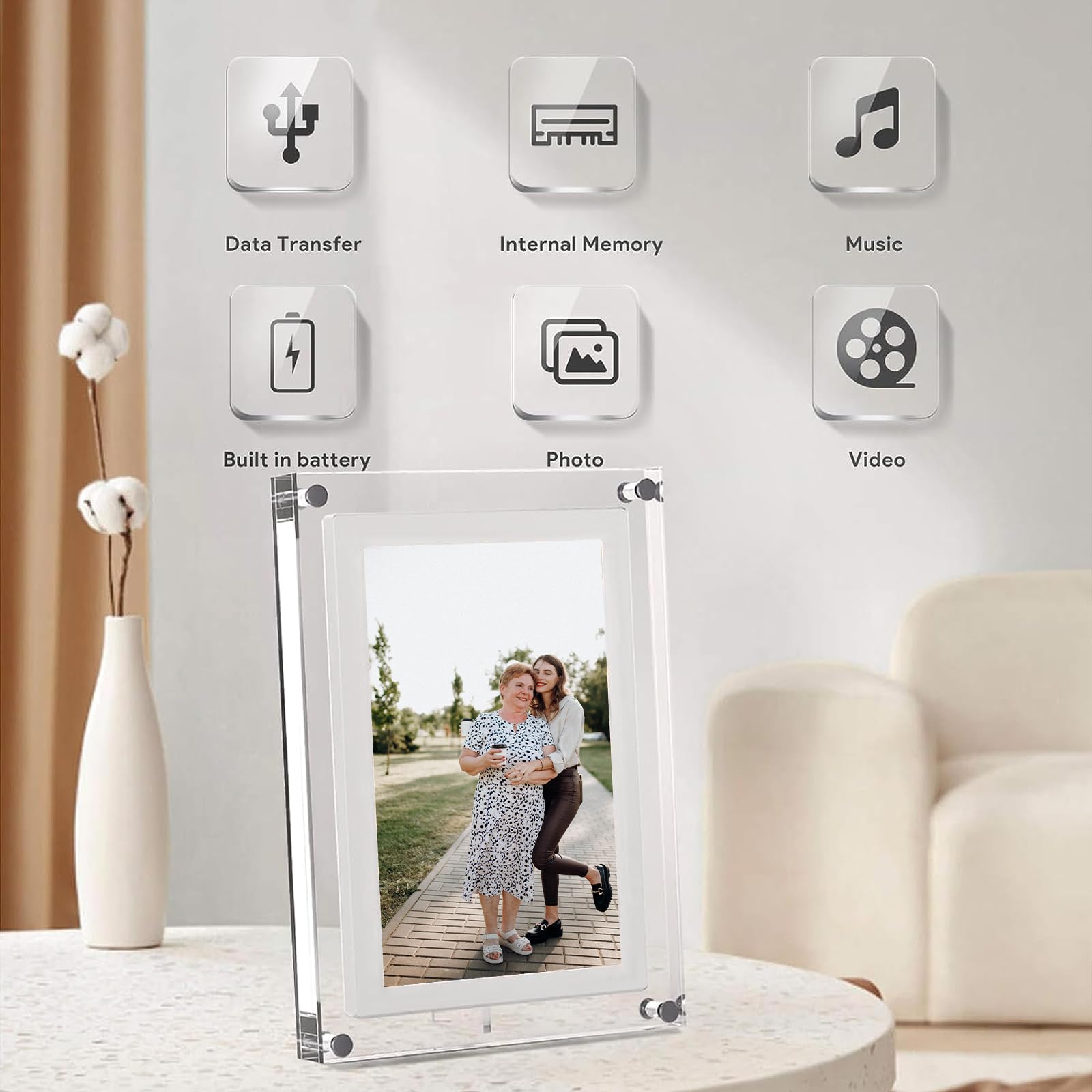 PiPivision 5 Inch Acrylic Digital Picture Frame with Built-in 1GB Memory, 1000mAh Battery, Digital Photo Frame Supporting 480 * 854 Resolution, Ideal Video Frame