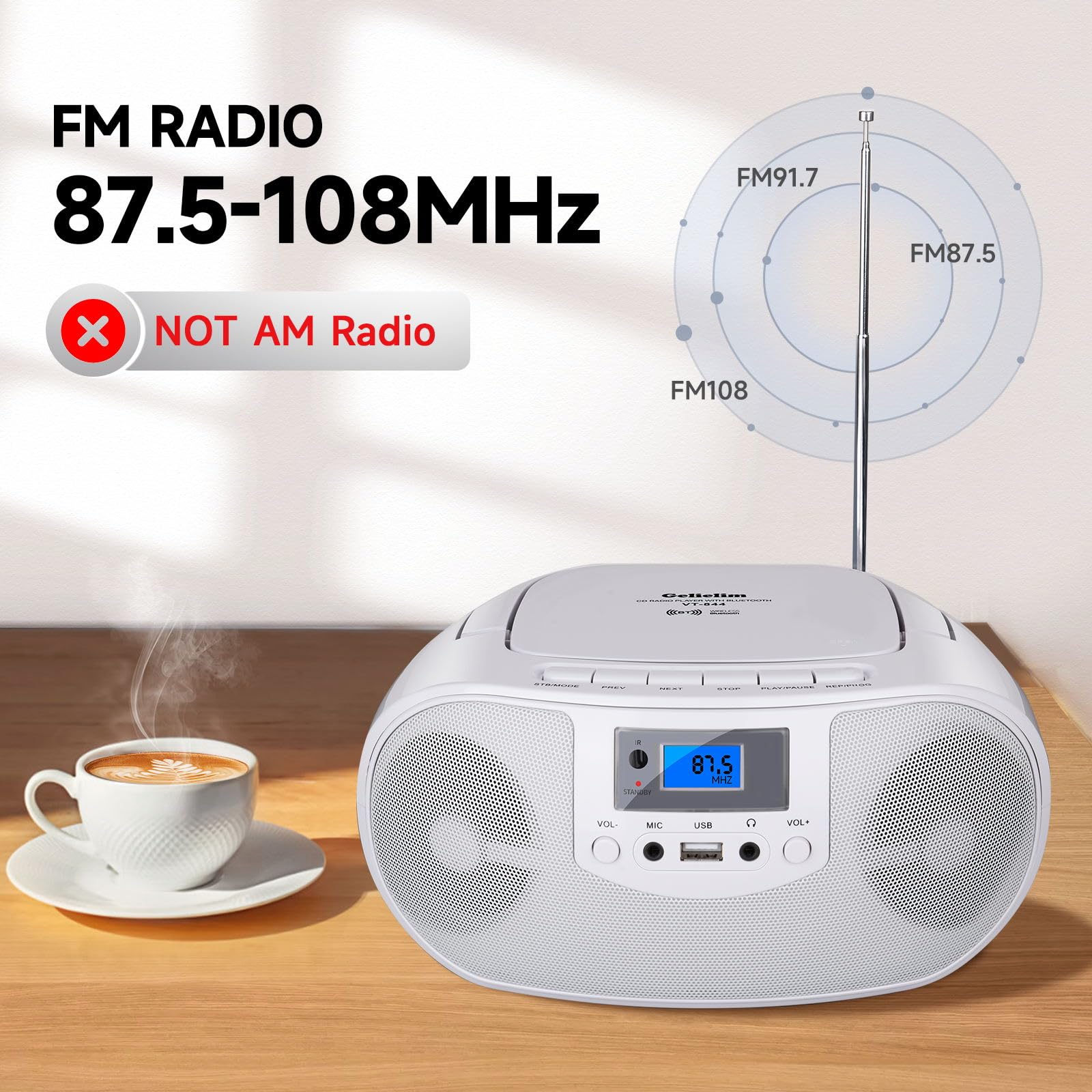 Gelielim CD Player Boombox, FM Radio with Bluetooth, Remote Control, Portable CD Player with Speakers, CD Players for Home with Headphone, Mic Jack Support CD-R/RW/MP3, USB, Gifts for Grandparent