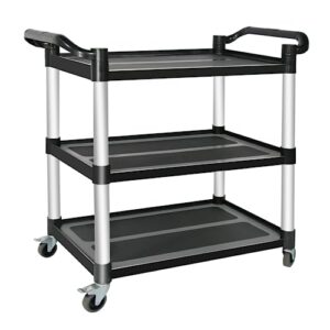 mayniyjk plastic utility carts with wheels, 3-tier restaurant cart, heavy duty rolling cart food service cart 420lbs, bus cart with lockable wheels and rubber hammer for warehouse/kitchen, black