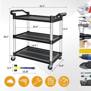 MAYNIYJK Plastic Utility Carts with Wheels, 3-Tier Restaurant Cart, Heavy Duty Rolling Cart Food Service Cart 420LBS, Bus Cart with Lockable Wheels and Rubber Hammer for Warehouse/Kitchen, Black