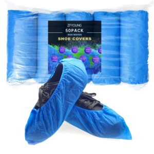 zfyoung 50 pack （25 pairs）blue hygiene boots and shoe covers disposable non-slip waterproof non-slip durable for construction, workplace, indoor carpet floor protection, one size fits most