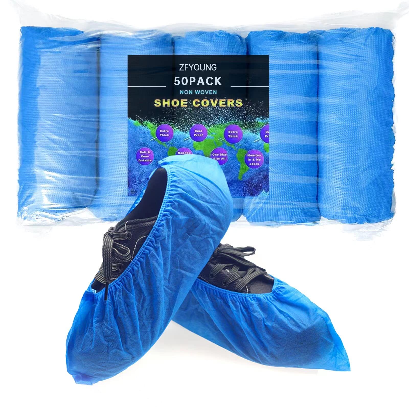 Zfyoung 50 Pack （25 Pairs）Blue Hygiene Boots and Shoe Covers Disposable Non-slip Waterproof Non-slip Durable For Construction, Workplace, Indoor Carpet Floor Protection, One Size Fits Most