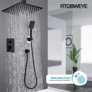 RTOBWEYE 8 Inch Shower Faucet Set High Pressure Rainfall Shower System Ceiling Mount Square Rain Shower Head with Handheld Spray Combo Ceiling Luxury Rainfall Shower Fixtures Matte Black (3-Setting)