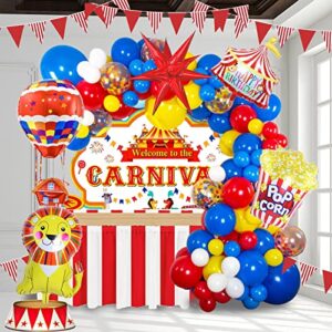 carnival red blue yellow balloon garland kit primary color and lion & popcorn & hot air balloon rainbow confetti balloons for circus theme birthday party decorations