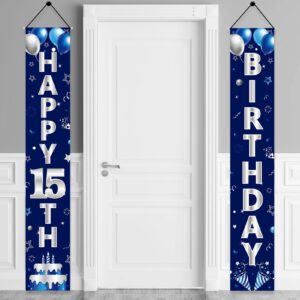 turypaty blue silver 15th birthday door banner decorations, happy 15 birthday party porch sign supplies for boys, sweet 15 year old birthday party supplies