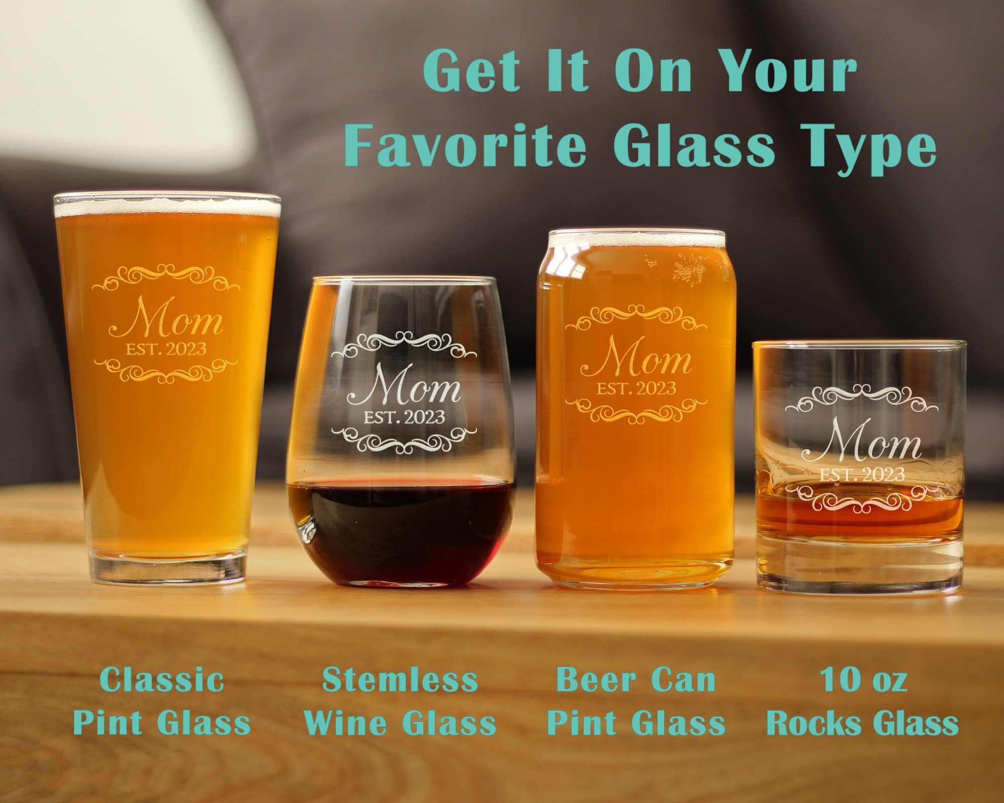 Mom Est 2023 - New Mother Stemless Wine Glass Gift for First Time Parents - Decorative 17 Oz Large Glasses