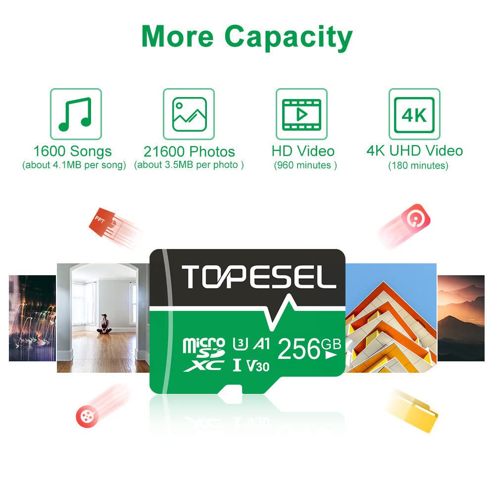 TOPESEL 256GB Micro SD Card Memory Cards A1 V30 U3 Class 10 Speed up to 90m/s Micro SDXC UHS-I TF Cards for Camera/Drone/Dash Cam (1 Pack U3 256GB)