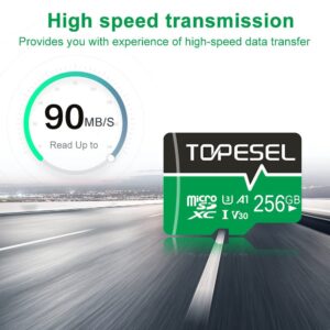 TOPESEL 256GB Micro SD Card Memory Cards A1 V30 U3 Class 10 Speed up to 90m/s Micro SDXC UHS-I TF Cards for Camera/Drone/Dash Cam (1 Pack U3 256GB)