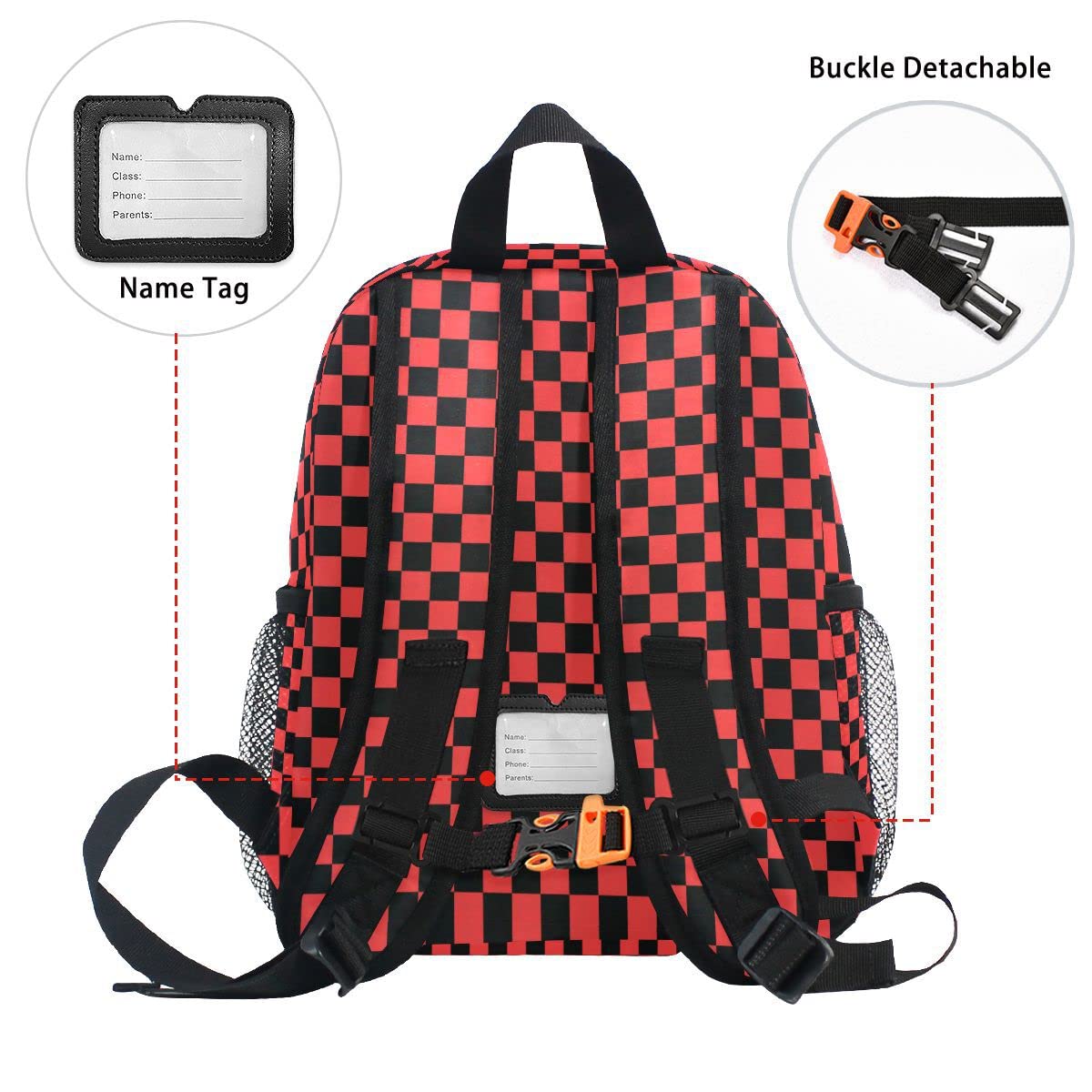 Fisyme Toddler Backpack Black and Red Plaid Checkered School Bag Kids Backpacks for Kindergarten Preschool Nursery Girls Boys, S