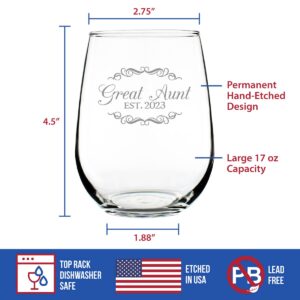 Great Aunt Est 2023 - New Great Aunts Stemless Wine Glass Gift for First Time Great Aunts - Decorative 17 Oz Large Glasses