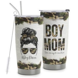 homisbes boy mom tumbler - mom of boys vacuum insulated stainless steel travel mug with straw for mom birthday mothers day from son - camo mom cups 20oz