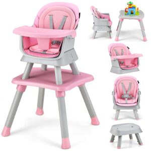 honey joy 8 in 1 baby high chair, convertible highchair for babies and toddlers/table and chair set/building block table/booster seat/stool/toddler chair with safety harness (pink)