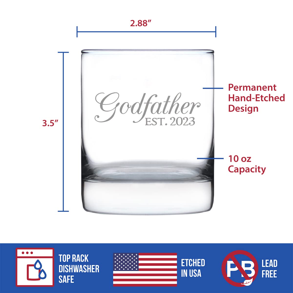 Godfather Est 2023 - New Godfather Whiskey Rocks Glass Proposal Gift for First Time Godparents - Decorative 10.25 Oz Glasses