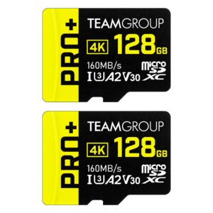 teamgroup a2 pro plus card 128gb x 2 pack micro sdxc uhs-i u3 a2 v30, r/w up to 160/110 mb/s for nintendo-switch, gaming devices, tablets, smartphones,4k shooting, with adapter tppmsdx128gia2v3064