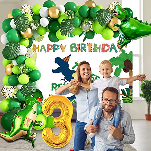 Three Rex Birthday Party Decorations Boy, 3rd Dinosaur Birthday Decorations with 3 Rex Birthday Backdrop Dinosaur Balloon Kit Tablecloth and Cake Toppers for Dino Birthday Decorations for Boys