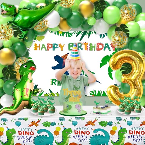 Three Rex Birthday Party Decorations Boy, 3rd Dinosaur Birthday Decorations with 3 Rex Birthday Backdrop Dinosaur Balloon Kit Tablecloth and Cake Toppers for Dino Birthday Decorations for Boys