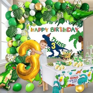 Three Rex Birthday Party Decorations Boy, 3rd Dinosaur Birthday Decorations with 3 Rex Birthday Backdrop Dinosaur Balloon Kit Tablecloth and Cake Toppers for Dino Birthday Decorations for Boys