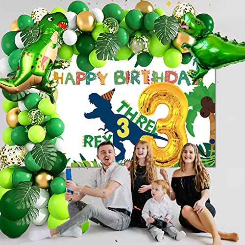 Three Rex Birthday Party Decorations Boy, 3rd Dinosaur Birthday Decorations with 3 Rex Birthday Backdrop Dinosaur Balloon Kit Tablecloth and Cake Toppers for Dino Birthday Decorations for Boys