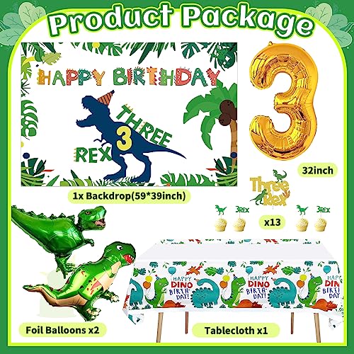 Three Rex Birthday Party Decorations Boy, 3rd Dinosaur Birthday Decorations with 3 Rex Birthday Backdrop Dinosaur Balloon Kit Tablecloth and Cake Toppers for Dino Birthday Decorations for Boys