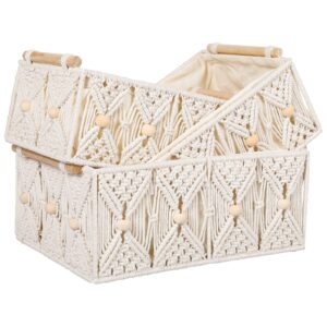 lamorée large boho macrame storage baskets 3 pcs cotton rope hand woven bin set with natural wooden handles & beads decorative wicker boxes for tabletop book shelf bathroom organizer container