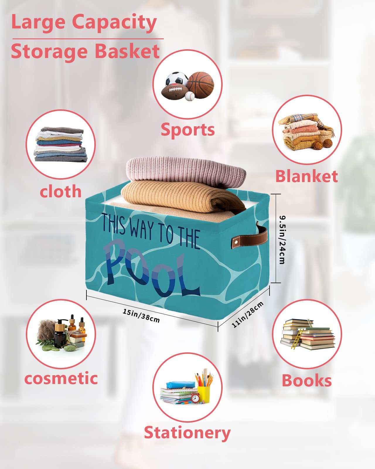 Blue Beach Storage Basket Waterproof Cube Storage Bin Organizer with Handles, Summer Seaside This Way to The Pool Collapsible Storage Cubes Bins for Clothes Books Toys 15"x11"x9.5", 1 Pcs