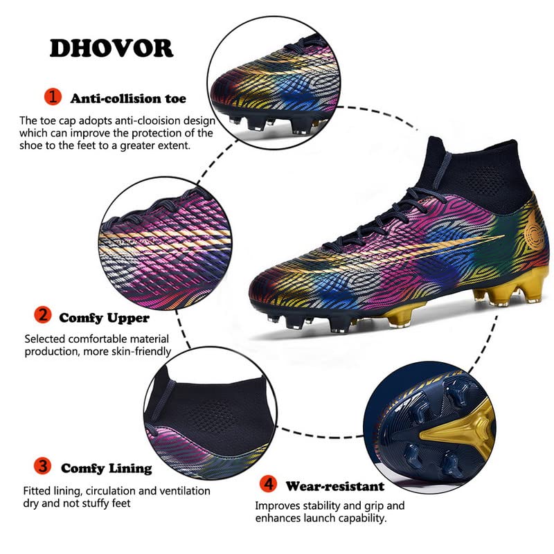 DHOVOR Womens Mens Soccer Cleats Youth High-Top Football Cleats Anti-Slip Athletics Football Trainers Outdoor Soccer Shoes Black