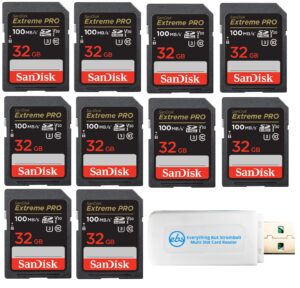 sandisk 32gb sd extreme pro memory card (ten pack) for digital dslr camera 4k uhd v30 uhs-i class 10 u3 (sdsdxxo-032g-gn4in) bundle with (1) everything but stromboli microsdhc & sd card reader