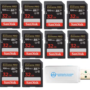 SanDisk 32GB SD Extreme Pro Memory Card (Ten Pack) for Digital DSLR Camera 4K UHD V30 UHS-I Class 10 U3 (SDSDXXO-032G-GN4IN) Bundle with (1) Everything But Stromboli MicroSDHC & SD Card Reader