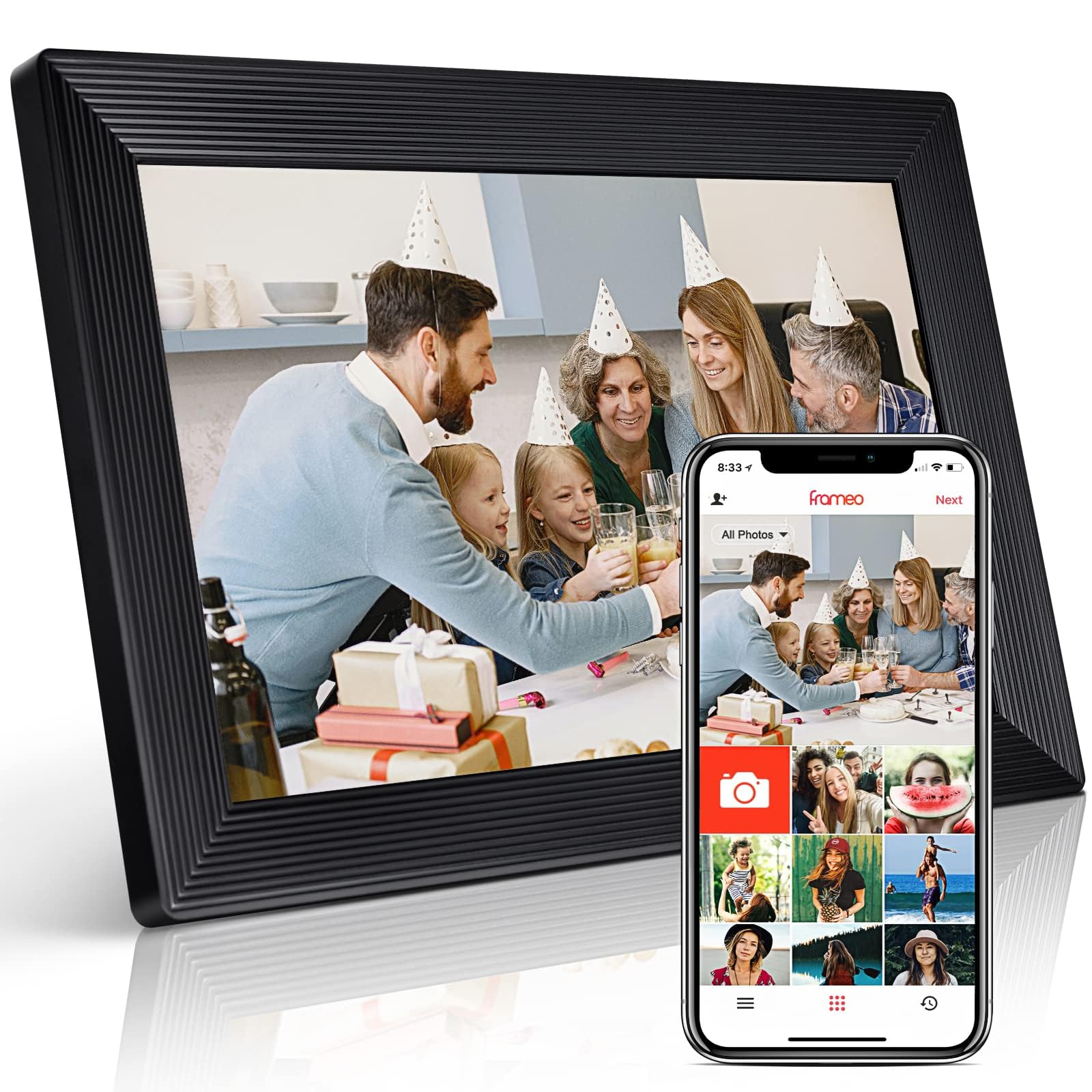 FRAMEO 10.1 inch WiFi Digital Photo Frame 1280x800 HD IPS Touch Screen, Digital Picture Frame with 32GB Internal Memory, Auto-Rotate, via Frameo App from Anywhere, Black