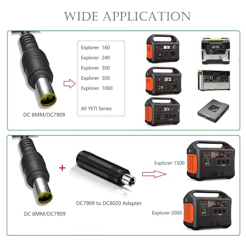 20Ft 14AWG Extension Cable,DC8mm Extension Cable with DC7909 to DC8020 Adapter connectors, fit for Most Below 200W Solar Panel and Jackery Explorer 1000/500/300/240/1500/2000 Portable Power Station