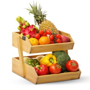 get sorted bamboo 2 tier fruit & vegetable basket with banana hook for kitchen counter - two tier countertop design perfect for fruit, vegetables, snacks and more!