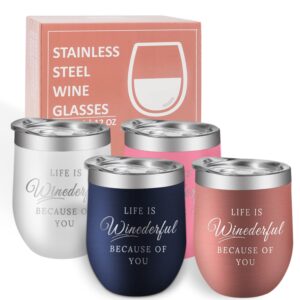 CELSWON Stainless Steel Wine Tumbler 4 Pack,Insulated Wine Glasses Set with Lids and Straws, Wine Tumblers with sayings, (Multi-Color 4 Pack, 12 oz)