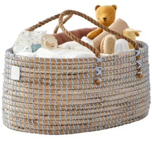 bebe bask baby diaper caddy organizer - handmade organic seagrass - luxury blue diaper caddy basket - diaper caddy light blue - diaper caddy for baby boy (dove)
