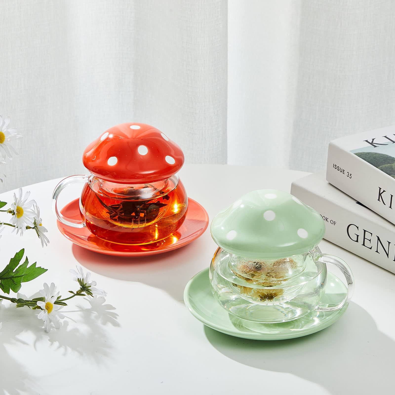 Irenare 2 Sets Mushroom Mug Cute Mushroom Cup with Infuser Lid Coaster Cute Coffee Cups Mushroom Teapot Glass Tea Mug Kawaii Teacup for Christmas Gift, 11 Oz, Orange and Green