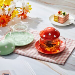 Irenare 2 Sets Mushroom Mug Cute Mushroom Cup with Infuser Lid Coaster Cute Coffee Cups Mushroom Teapot Glass Tea Mug Kawaii Teacup for Christmas Gift, 11 Oz, Orange and Green