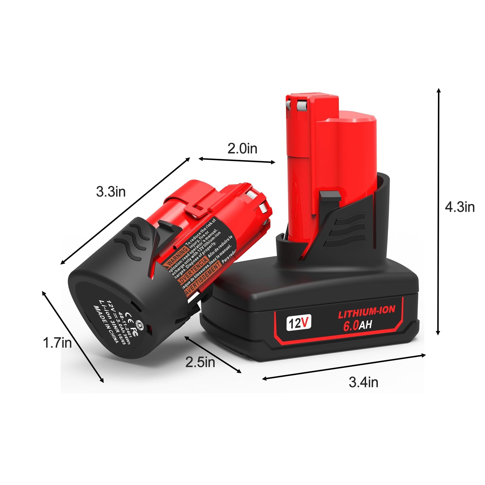 WORTHMAH Replacement for Milwaukee M12 Lithium-ion Battery 2 Packs 6.0Ah and 3.0Ah, for 48-11-2460 48-11-2440 Compatible with Milwaukee 12 Volt Cordless Tools