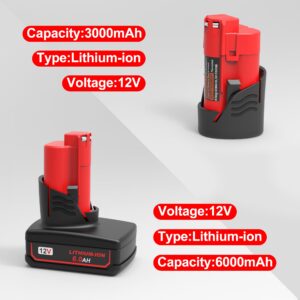 WORTHMAH Replacement for Milwaukee M12 Lithium-ion Battery 2 Packs 6.0Ah and 3.0Ah, for 48-11-2460 48-11-2440 Compatible with Milwaukee 12 Volt Cordless Tools